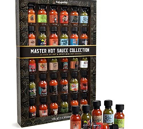 Thoughtfully Gifts, Master Hot Sauce Collection Gift Set, Flavors Include Garlic Herb, Cayenne Bacon, Apple Whiskey, Mango Habanero and More, Pack of 30