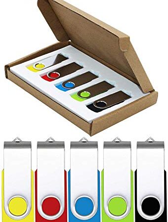 USB Stick Flash Drive 64GB 5 Pack USB 2.0 Jump Drive Thumb Drive Pen Drive Bulk Memory Sticks Zip Drives Swivel Design Yellow/Red/Blue/Green/Black (5 PCS Mixed Color)