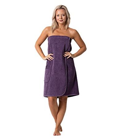 Women’s Terry Cloth Spa and Bath Towel Wrap with Adjustable Closure & Elastic Top, Plum, XX-Large