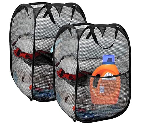 2 Pack Pop Up Mesh Laundry Hamper Basket for Dirty Clothes, Portable Handles Foldable to Easy Storage & Washable Design for Travel Home Use