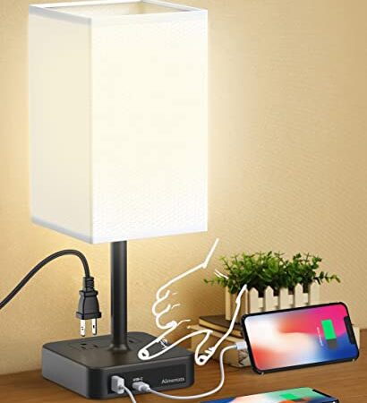 Alimentata Touch Control Bedside Table Lamp with USB C & USB A Charging Port and 2 AC Outlet, Minimalist LED Desk Night Light with Charger Base White Fabric Shade for Bed Room/Nightstand/Office