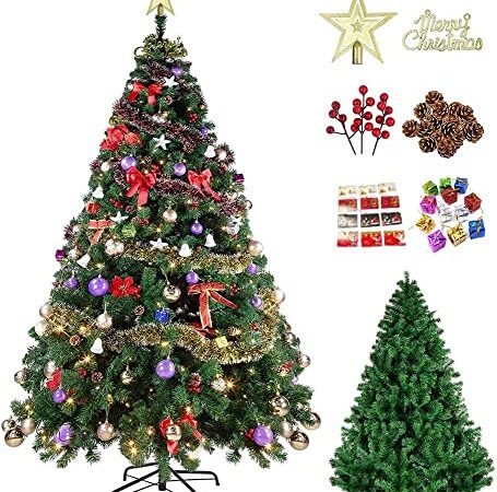 Artificial Christmas Tree, Spruce 6ft Artificial Holiday Xmas Tree with Decors, 1250 Branch Tips, Easy Assembly, Iron Stand, for Room Xmas Wedding Holiday Party