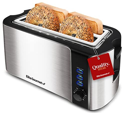 Elite Gourmet ECT-3100## Long Slot 4 Slice Toaster, Reheat, 6 Toast Settings, Defrost, Cancel Functions, Built-in Warming Rack, Extra Wide Slots for Bagels Waffles, Stainless Steel & Black