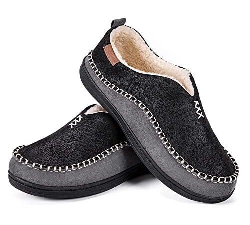 EverFoams Men's Micro Suede Moccasin Slippers with Fuzzy Sherpa Lining and Memory Foam (Black, Size 11 M US)