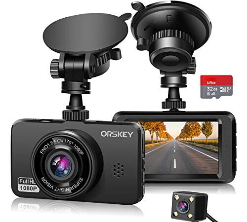 ORSKEY Dash Cam for Cars Front and Rear and SD Card Included 1080P Full HD in Car Camera Dual Lens Dashcam for Cars 170 Wide Angle with Loop Recording and G-Sensor