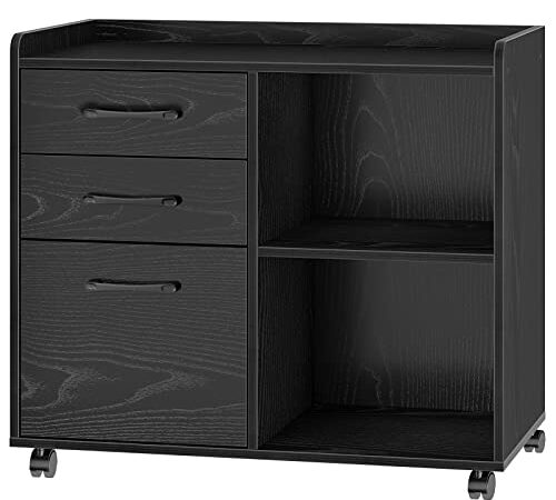 Rolanstar File Cabinet 3-Drawers, Mobile Lateral Printer Stand with Open Storage Shelf, Rolling Filing Cabinet with Wheels for A4/Letter Size,Black