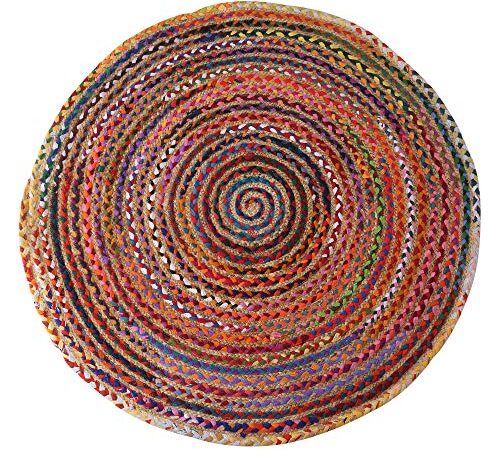 Small Round Rug Chindi Jute Hand Woven 36 Inch 3 ft. Multicolor Boho Pure Cotton Braided Recycled Bath Outdoor Area Rugs for Home Living and Bedroom Décor Circle Patio Rugs