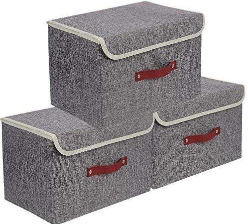 Storage Bins 3 Pack Foldable Storage Boxes with Lids Storage Baskets Storage Containers Organizers with Handles (Grey)