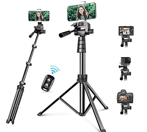 Torjim 62" Phone Tripod & Camera Tripod, Extendable Cell Phone Tripod Stand with Wireless Remote & Phone Holder, Compatible with iPhone & Android Phone, Camera