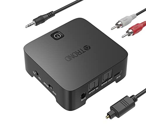 TROND TV Bluetooth Transmitter Receiver Optical, 3.5mm Wireless Audio Adapter (Latest V5.0, AptX Low Latency for Both TX and RX, Pair with 2 Devices Simultaneously), for TV/Home Stereo System