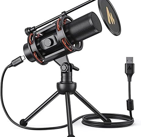 USB Computer Microphone - MAONO - Podcast - Condenser - Mic - All in One with Gain Knob and Zero Latency Monitoring, Metal Pop Filter, Tripod Stand for Streaming, Voice Over, Zoom Meeting (PM471TS)