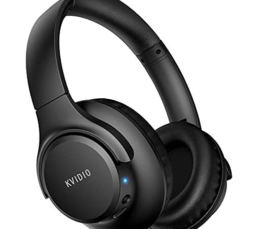 Bluetooth Headphones Over Ear, KVIDIO 55 Hours Playtime Wireless Headphones with Microphone, Foldable Lightweight Headset with Deep Bass,HiFi Stereo Sound for Travel Work Laptop PC Cellphone (Black)