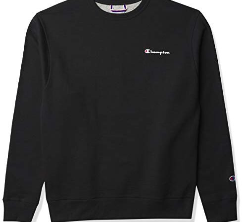 Champion Crewneck, Powerblend Fleece Crew, Best Comfortable Sweatshirts for Men, Left Chest Script, Black-y08160, Medium