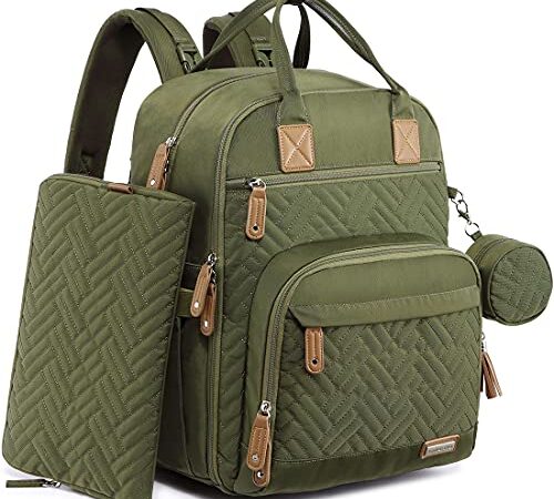 Diaper Bag Backpack, iniuniu Large Unisex Baby Bags for Boys Girls, Waterproof Travel Back Pack with Diaper Pouch, Washable Changing Pad, Pacifier Case and Stroller Straps (Army Green)