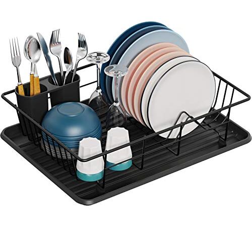 Dish Drying Rack, GSlife Dish Rack with Utensil Holder and Dish Drainer Drain Board for Small Kitchen Counter, Black