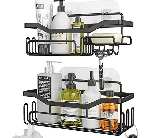 HapiRm Shower Caddy Bathroom Organizers with 11 Hooks for Hanging Razor, Shampoo Holder Organizer, No Drilling Wall Mounted Shower Shelf with Adhesive Hooks, Stainless Steel, Black