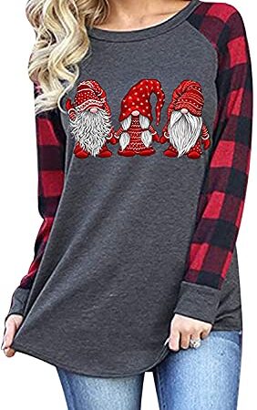 Heralady Womens Christmas Gnomes Plaid Shirt Funny Graphic T-Shirt Gnome Tee Raglan Baseball Tops Holiday Clothes P1ca Large
