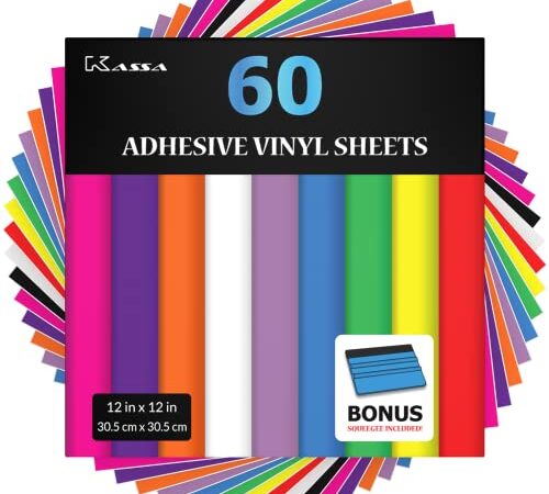 Kassa Permanent Vinyl Sheets (Pack of 60, 12in x 12in) - Includes Squeegee - Bundle of Assorted Colors (Matte & Glossy) - Adhesive Craft Outdoor Vinyl for Cutting Machines