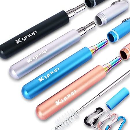 Kynup 4Packs Reusable Straws, Metal Straw with Silicon, Travel Drinking Straws with Metal Case, Keychain, Cleaning Brushes, Silicon Pcs Perfect for Travel, Gifts (20 PCS) Blue-Black- Rose Gold-Silver