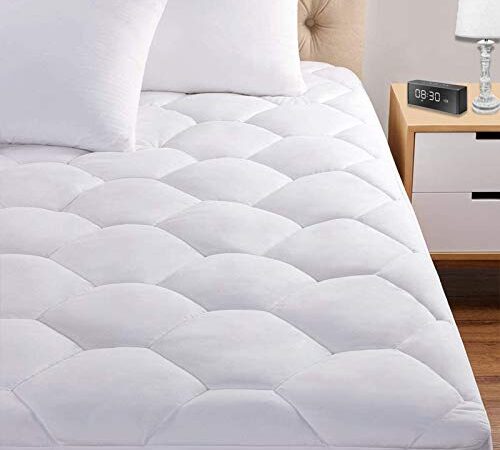 Mattress Pad, 8-21" Deep Pocket Protector Ultra Soft Quilted Fitted Topper Cover Breathable Fit for Dorm Home Hotel -White (Queen)