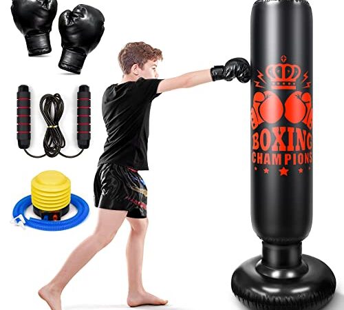 MENOLY Punching Bag for Kids,60 Inch Inflatable Fitness Boxing Bag Stand with Boxing Gloves Jump Rope,Great for Karate, Taekwondo, MMA and Stress Relief, Great Gifts for Kids