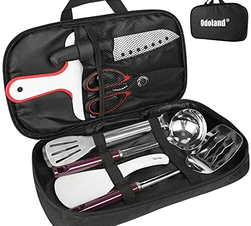 Odoland 8pcs Camping Kitchen Utensil Set, Cooking Utensil Organizer with Water Resistant Case for BBQ, Travel,Camping, Hiking, Cooking and Outdoor Activities