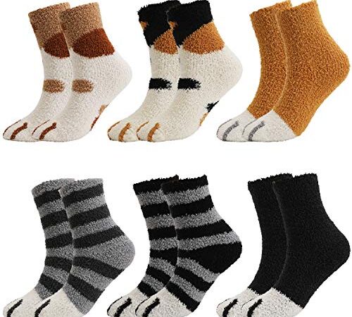 QKURT 6 Pairs Cat Fuzzy Socks, Fluffy Cozy Winter Thick Warm Sleep Floor Silly Socks for Women Girls Men