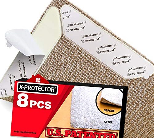 Rug Grippers X-PROTECTOR – Best 8 pcs Anti Curling Rug Gripper. Keeps Your Rug in Place & Makes Corners Flat. Premium Carpet Gripper with Renewable Gripper Tape – Ideal Anti Slip Rug Pad for Your Rugs