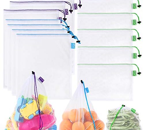 SPLF 12 Pcs Heavy Duty Reusable Mesh Produce Bags, Barcode Scanable See Through Food Safe Mesh Bags with Drawstring for Fruits, Vegetable, Food, Toys, Grocery Storage, Large Medium Small