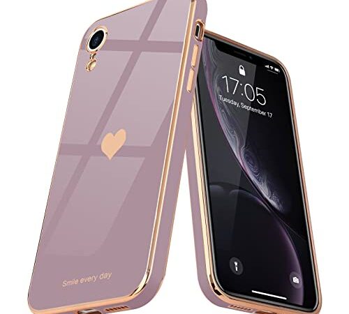 Teageo Compatible with iPhone Xr Case for Women Girl Cute Love-Heart Luxury Bling Plating Soft Back Cover Raised Full Camera Protection Bumper Silicone Shockproof Phone Case for iPhone Xr, Lavender