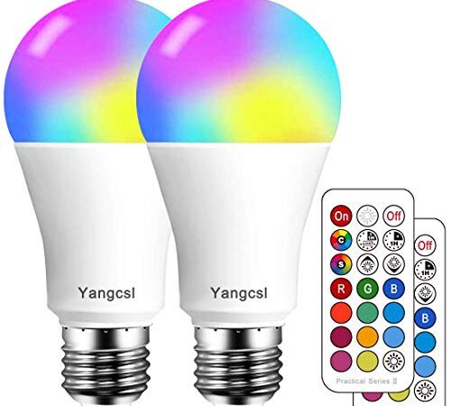 Yangcsl LED Light Bulbs 70W Equivalent, RGB Color Changing Light Bulb, 2 Moods - Memory - Sync - Dimmable, A19 E26 Screw Base, Timing Remote Control Included (Pack of 2)