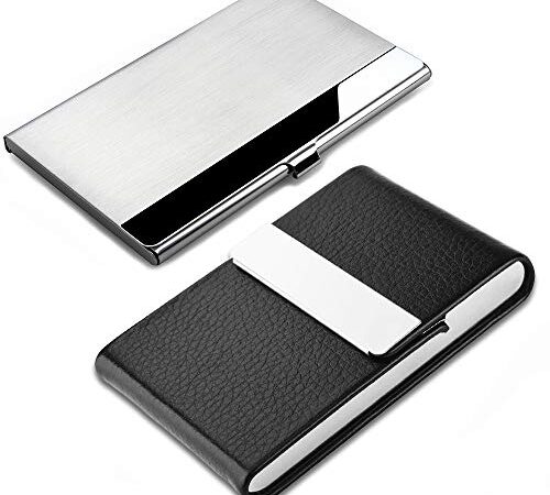 2 Pcs Professional Business Card Case, SENHAI Stainless Steel & PU Leather Business Card Holder with Magnetic Shut Pocket Name Credit ID Card Case for Men and Women