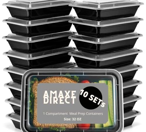 AMAXE - (32 oz, 10 pack) Microwave Safe BPA Free Stackable Meal Prep Container Food Storage Food with Lids Boite a Lunch Take Out Containers Meal prep container with lids 1 Compartment, Bento Box (32oz. Black - 10 Sets)
