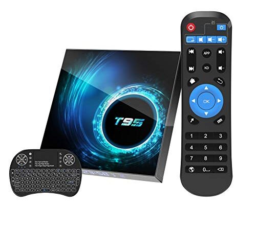 Android TV Box 10.0 with 4GB RAM 32GB ROM, T95 Android Box H616 Quad core Dual WiFi 2.4/5.0GHz Bluetooth 5.0 Support 6K HD/ 3D/ H.265 Ethernet Set Top Box with Mini Wireless Backlit Keyboard