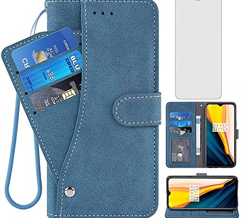 Asuwish Compatible with OnePlus 7 6T Wallet Case Tempered Glass Screen Protector Flip Cover Card Holder Cell Phone Cases for OnePlus6T A6013 OnePlus7 GM1900 One Plus6T 1+ Plus7 1 Plus 1plus T6 Blue