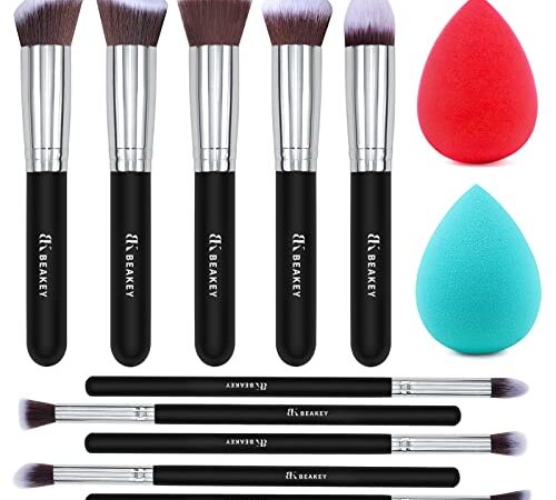 BEAKEY Makeup Brush Set Premium Synthetic Foundation Face Powder Blush Eyeshadow Kabuki Brush Kit, Professional Makeup Brushes with 2pcs Makeup Sponge