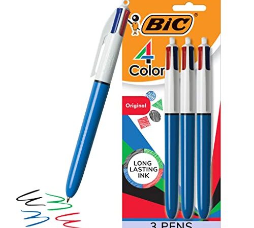 BIC 4 Color Ballpoint Pen, Medium Point (1.0mm), 4 Colors in 1 Set of Multicolor Pens, 3-Count Pack of Refillable Pens for Journaling and Organizing