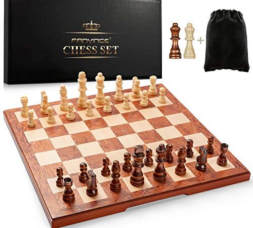 Chess Set 15" Wooden Board Game with 2 Storage Bags and 2 Extra Queens Premium Gifts for Man and Women