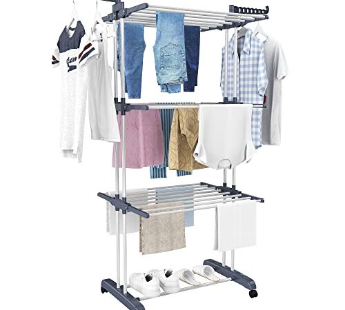 Clothes Drying Rack ,4-Tier Foldable Clothes Hanger Adjustable Large Stainless Steel Garment Laundry Racks with 4 castors
