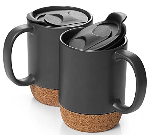 DOWAN Coffee Mugs, 15 oz Mug Set of 2, Large Ceramic Coffee Mug with Cork Bottom and Splash Proof Lid for Men, Women, Gift for Thanksgiving Christmas, Big Mug for Coffee Latte, Tea, Matte Grey