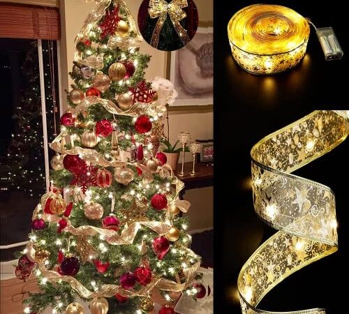 Fairy Lights Christmas Tree Ribbon, 16ft/ 5m Battery Operated String Lights Led Ribbon for Christmas Tree Decorations, for New Year Party Gazebo Wedding Christmas Decorations Outdoor Indoor Ornaments