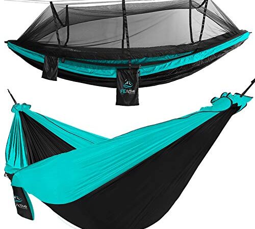 FE Active Outdoor Camping Hammock - Double Hammock for Adults. Removable Mosquito Net, Lightweight, Portable Hammock w Adjustable Straps for Travel, Camping, Backpacking | Designed in California, USA