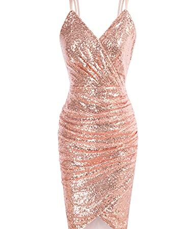 GRACE KARIN Rose Gold Sexy Sequin Sparkly Dress for Women V-Neck Bodycon Party Mini Dress M