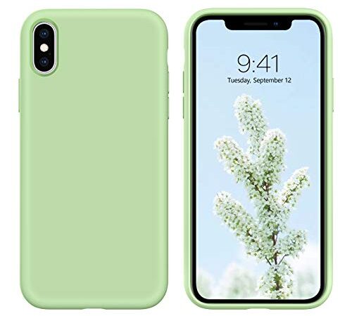 iPhone Xs Case,iPhone X Case, DUEDUE Liquid Silicone Soft Gel Rubber Slim Cover with Microfiber Cloth Lining Cushion Shockproof Full Protective Case for iPhone X/iPhone Xs for Women Men, Matcha Green