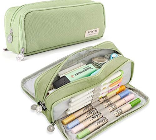 iSuperb Large Pencil Case 3 Compartments Pencil Pouch Big Capacity Pencil Bag Oxford Stationery Storage Pen Bag Cosmetic Makeup Pouch for Women Girls (Green)