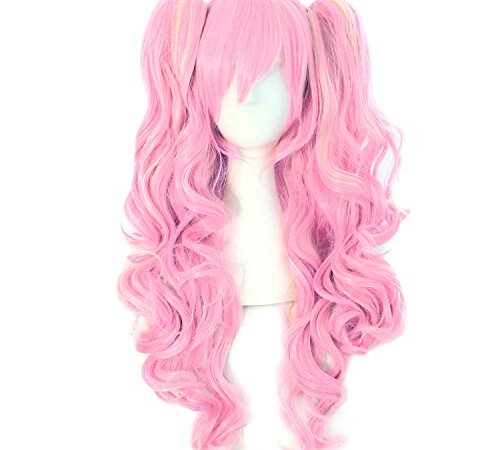 MapofBeauty Multi-color Lolita Long Curly Clip on Ponytails Cosplay Wig (Pink/Blonde)