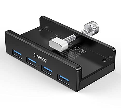 ORICO USB 3.0 HUB, Monitor-Edge and Desk-Edge USB 3.0 4-Port Clip-Type Hub, Extra Power Supply, Space-Saving, Compact USB 3.0 Clamp Hub, Ultra-Portable Travel Hub for Laptop (Black)