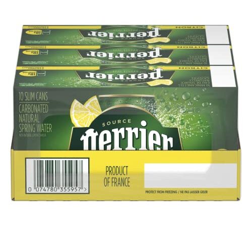 Perrier Carbonated Natural Spring Sparkling Water, Lemon, 250mL Slim Can, 30 Cans Total