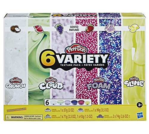 Play-Doh Slime, Crystal Crunch, Super Cloud, and Foam Scented 6 Variety Texture Pack, Tactile Toy for Kids 3 Years and Up, Non-Toxic