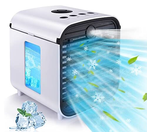 Portable Evaporative Air Conditioner Fan, 3 in 1 Multifunctional Mini Air Conditioner with 7 Colors LED Light, Personal Space Desktop Air Cooler Fan Humidifier with 3 Speeds for Home